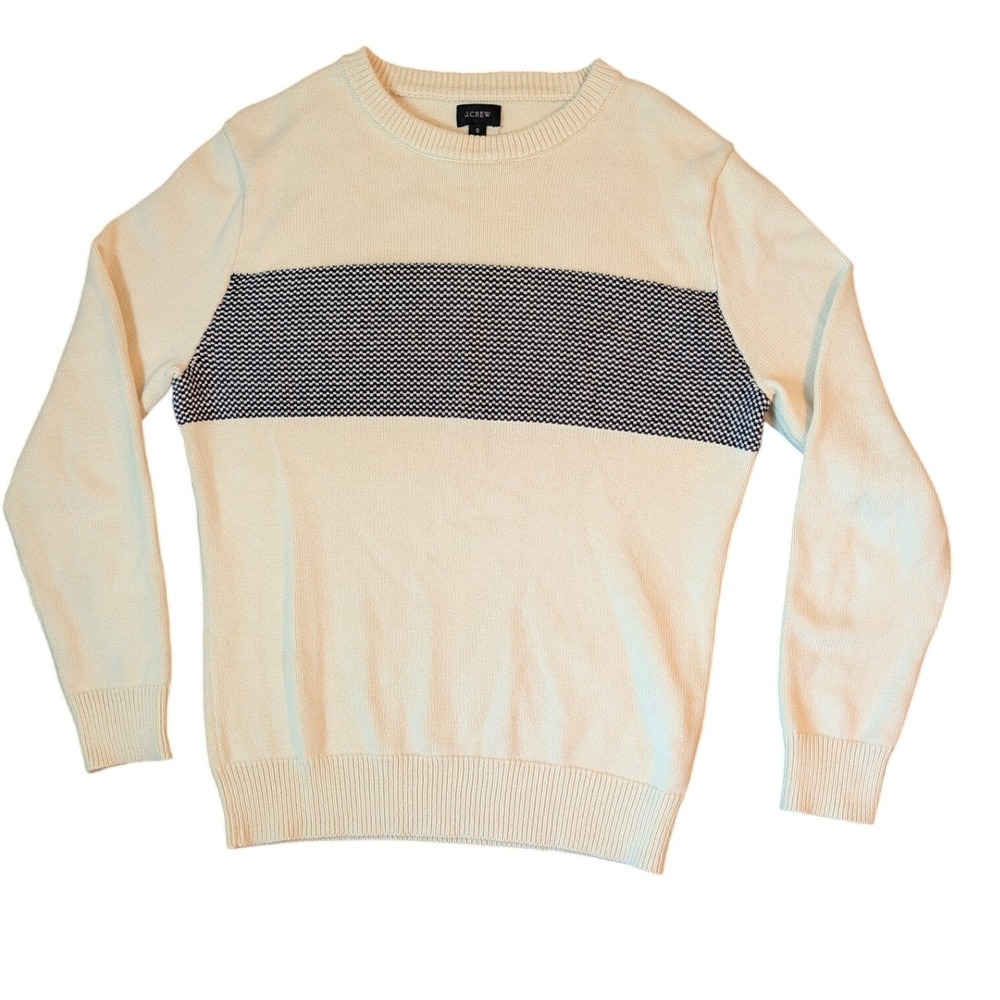 J.Crew Mens Small Cream 100% Cotton Crewneck Sweater Navy Textured Stripes